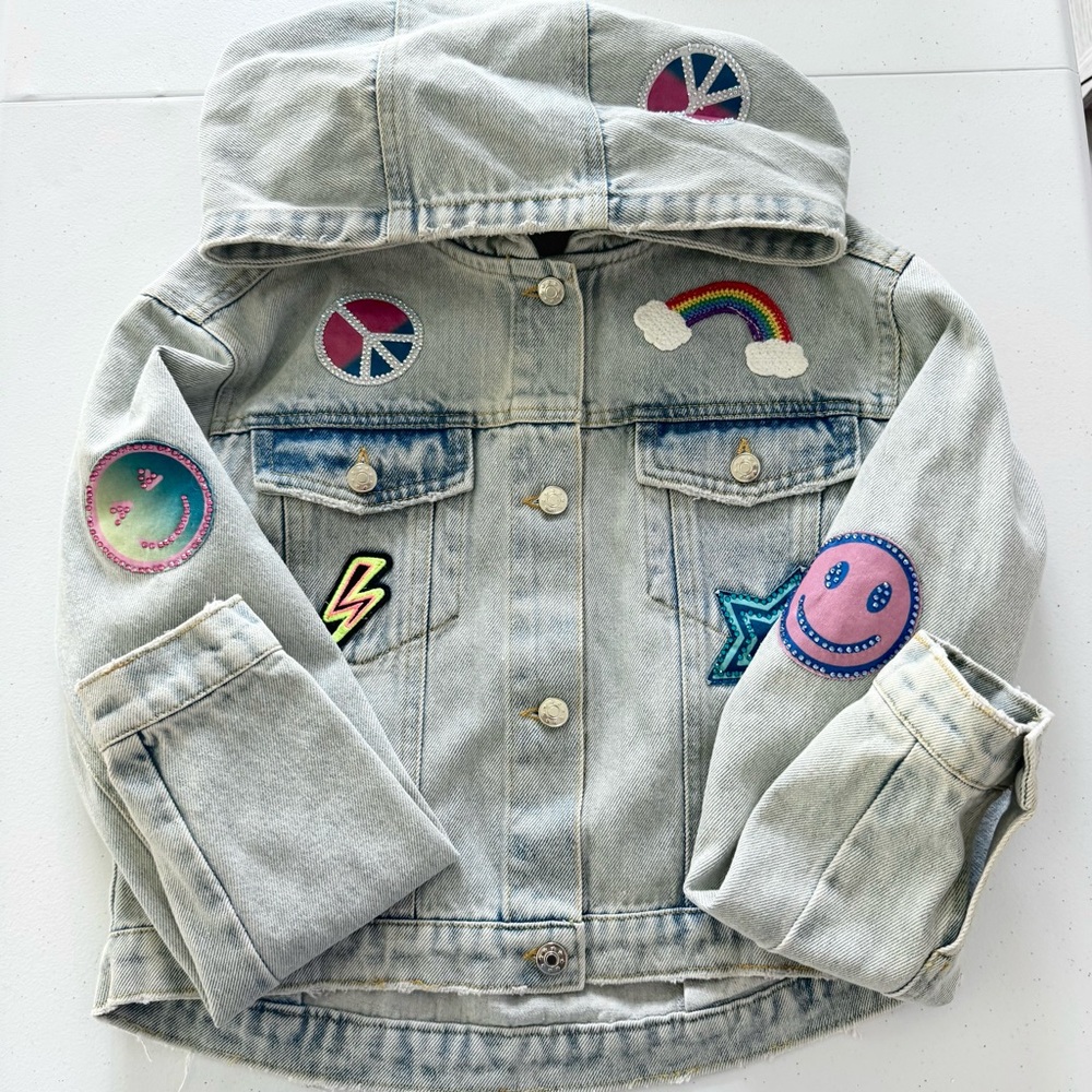 HANNAH BANANA Girls Cropped Patchwork Denim Jacket with Fun Patches SZ 14